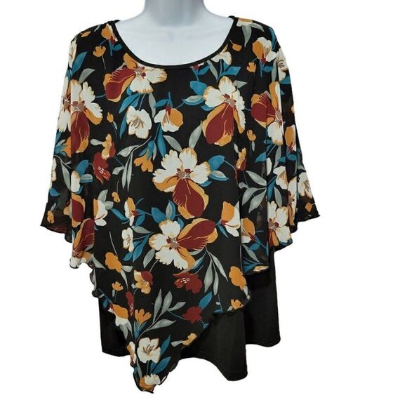 Lotusmile Blouse Top Womens XXL Loose Flutter Cape Sleeve Layered Chiffon Floral - Picture 1 of 12